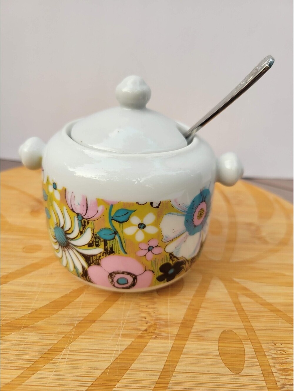 Royal Crown Floral Montage Sugar Bowl W Lid Spoon Kitty 3632 Retro Vintage